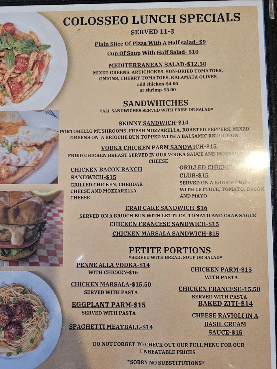 Menu page with hot heroes and calzones.